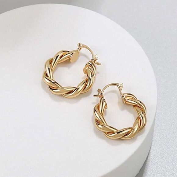 NEW Chunky Twisted 14k Gold Plated Earrings - Picture 2 of 5